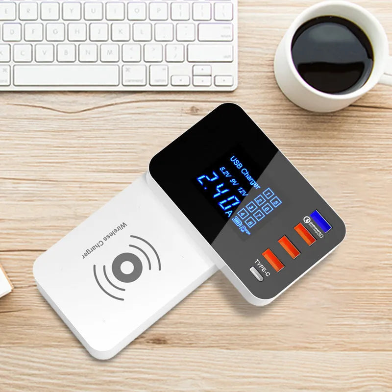 White multi USB wireless charger 10W with PC flame retardant body and EU UK US adapters