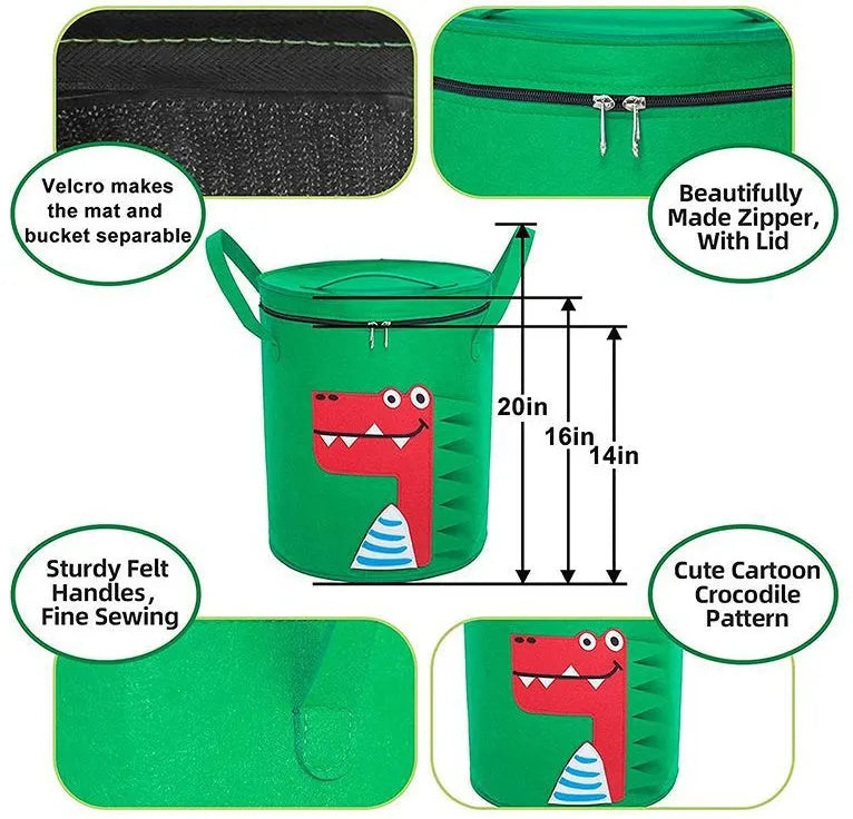 Green felt cube storage bag with pull rope, unfolded flat as a large rectangular play mat.