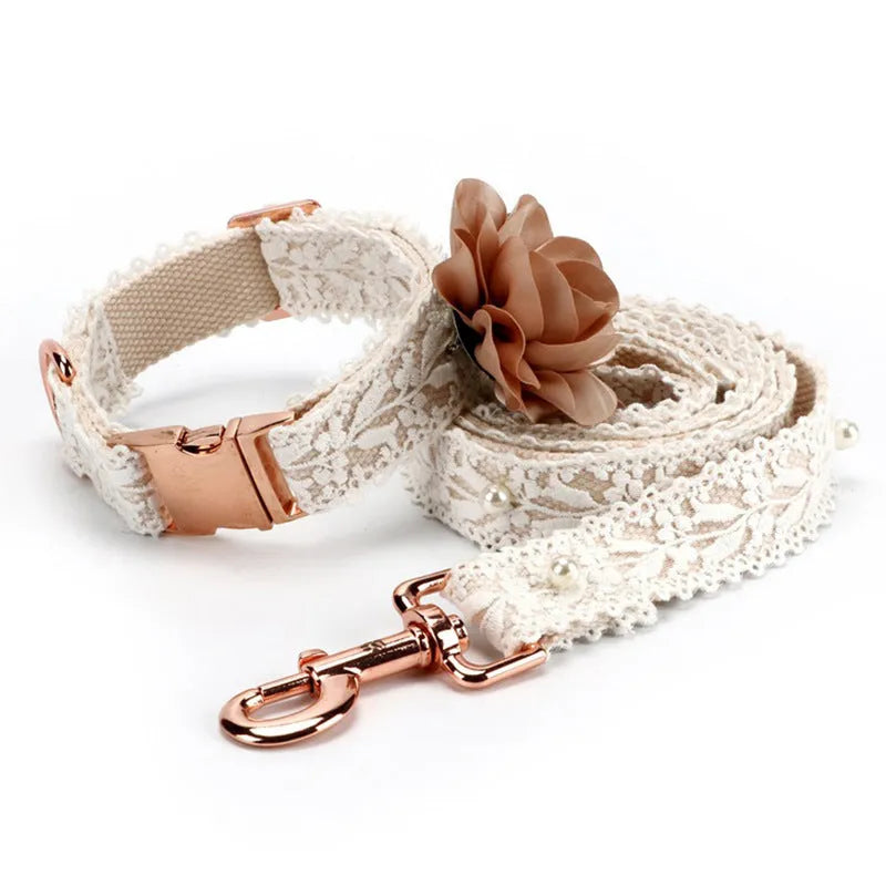 Lace flower pet harness set with collar and traction rope in polyester for cats and dogs
