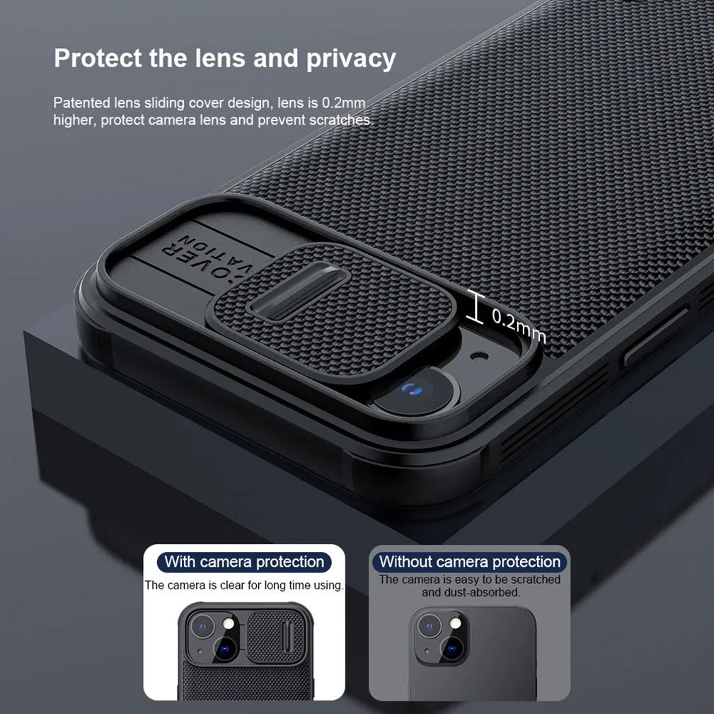 Black textured PC TPU sliding phone case for iPhone 13 Pro Max, 13 Pro, and 13 – back cover view