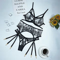 Black lace mesh three-piece set for women with floral print, showing top, trousers, and waist ring.