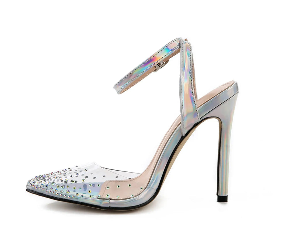 Women's pointed toe stiletto sandals with diamond decorations on PVC upper