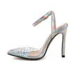 Women's pointed toe stiletto sandals with diamond decorations on PVC upper