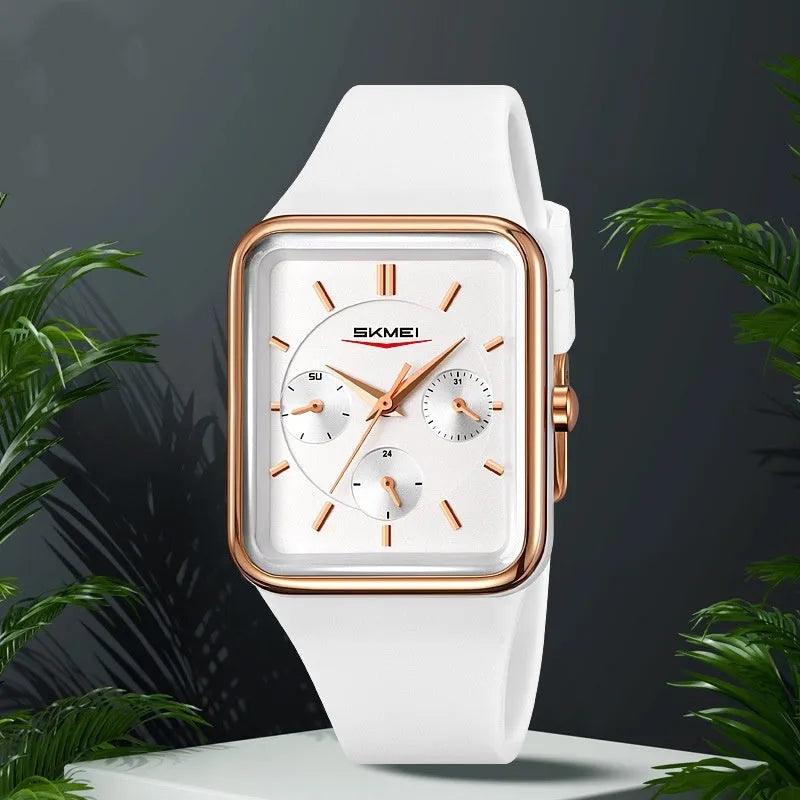 Multi-functional square silicone waterproof watch for girls in white rose gold on a light background