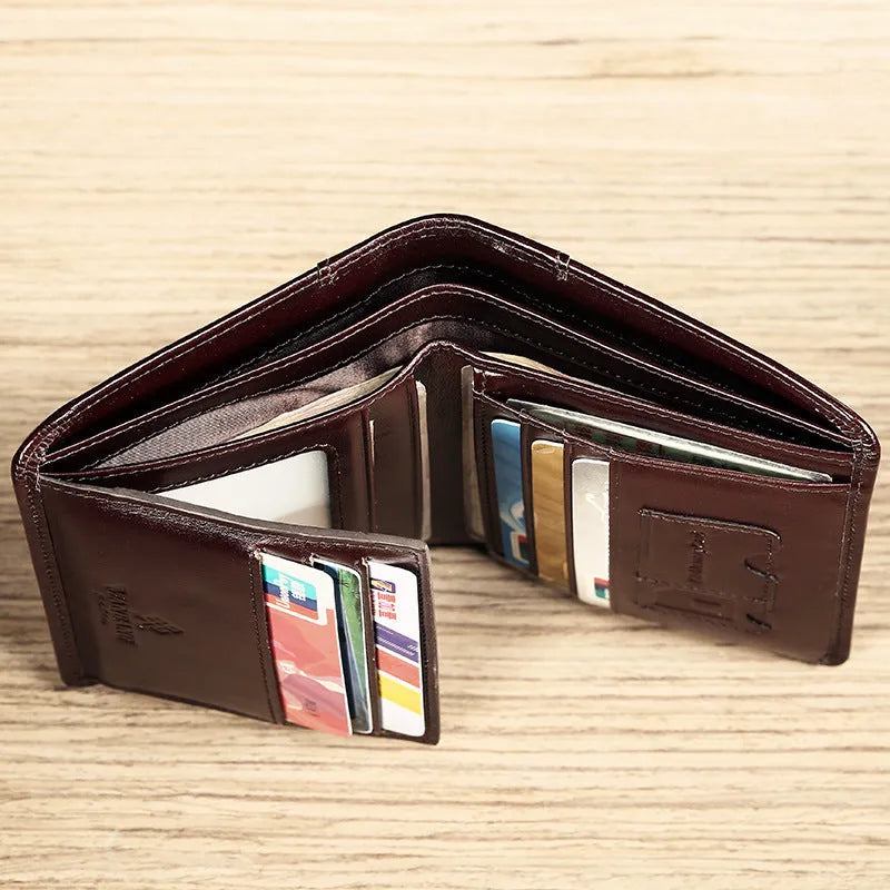 Men's black or brown leather wallet open to show photo window, card slots, and coin pocket.