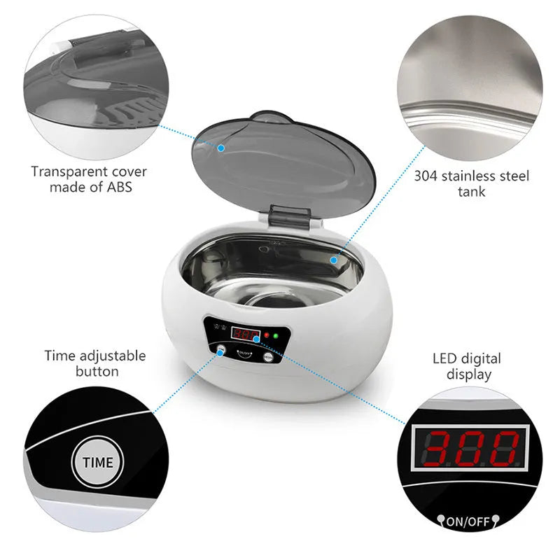 White blue ultrasonic cleaning machine for home use, 20.6cm x 15.2cm x 13.2cm, with digital control panel on a kitchen counter