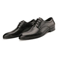 Men's black and coffee brown cow leather derby shoes with pointed toe and hand-sewn detailing