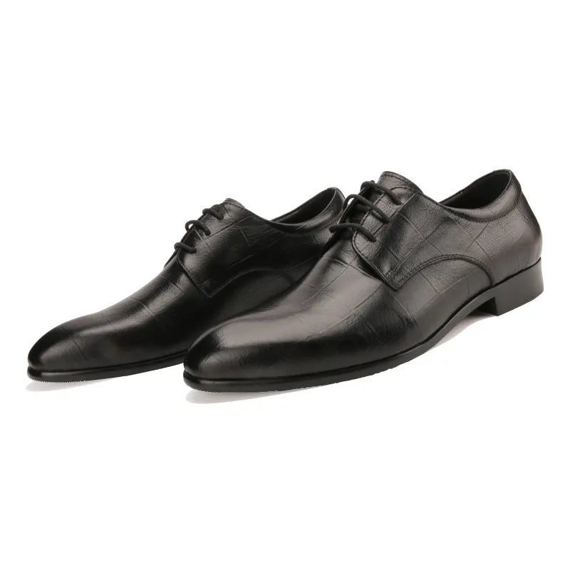 Men's black and coffee brown cow leather derby shoes with pointed toe and hand-sewn detailing