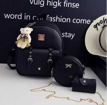 Three-piece PU leather bag set for teenage girls including backpack, shoulder bag and card holder