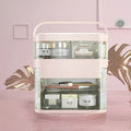 Multifunctional LED makeup box in grey with mirror open showing cosmetics and jewellery storage compartments
