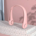 Pink USB rechargeable bladeless neck fan with a flexible neckband, shown in a folded position.