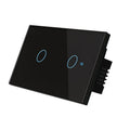 White 2-gang RF remote control light switch with tempered glass touch panel and LED indicators