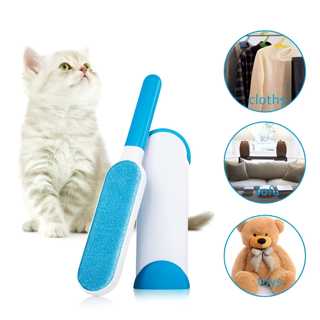 Blue reusable pet hair removal comb with a double-sided sticky brush head and a matching self-cleaning base.