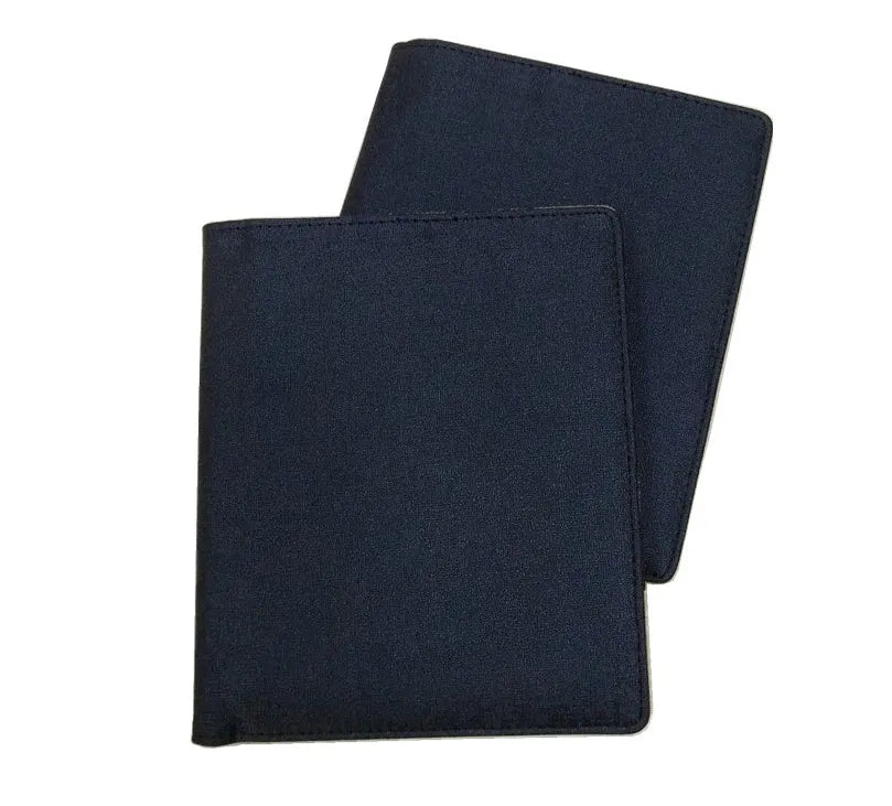 Blue imitation leather PU notebook cover shell for A5 notebooks, showing external pocket.