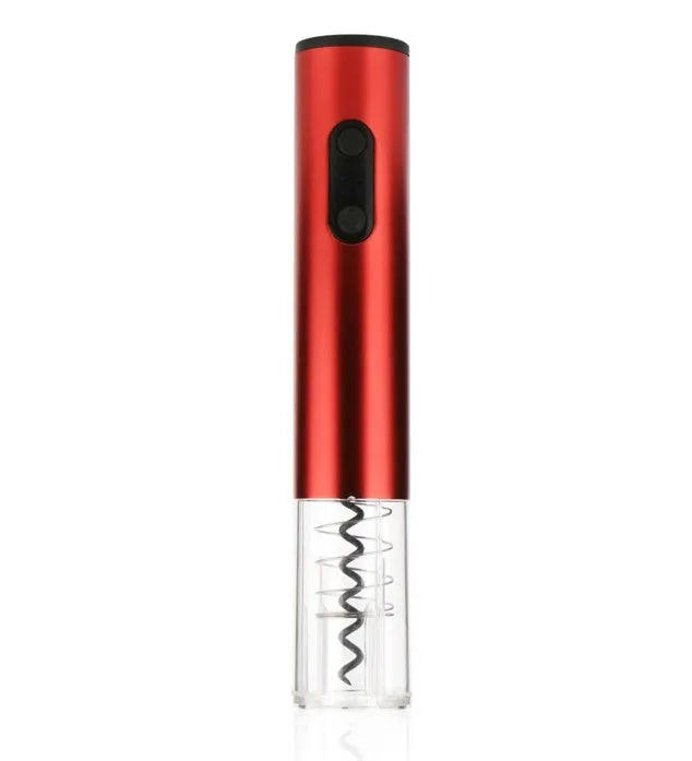 Silver automatic electric wine opener with foil cutter on a kitchen counter next to a red wine bottle