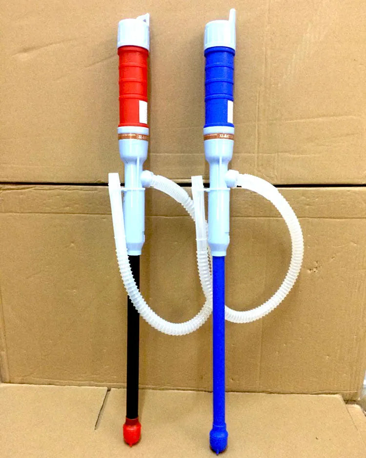 Blue manual siphon hand pump with a long hose for transferring fuel and liquids.