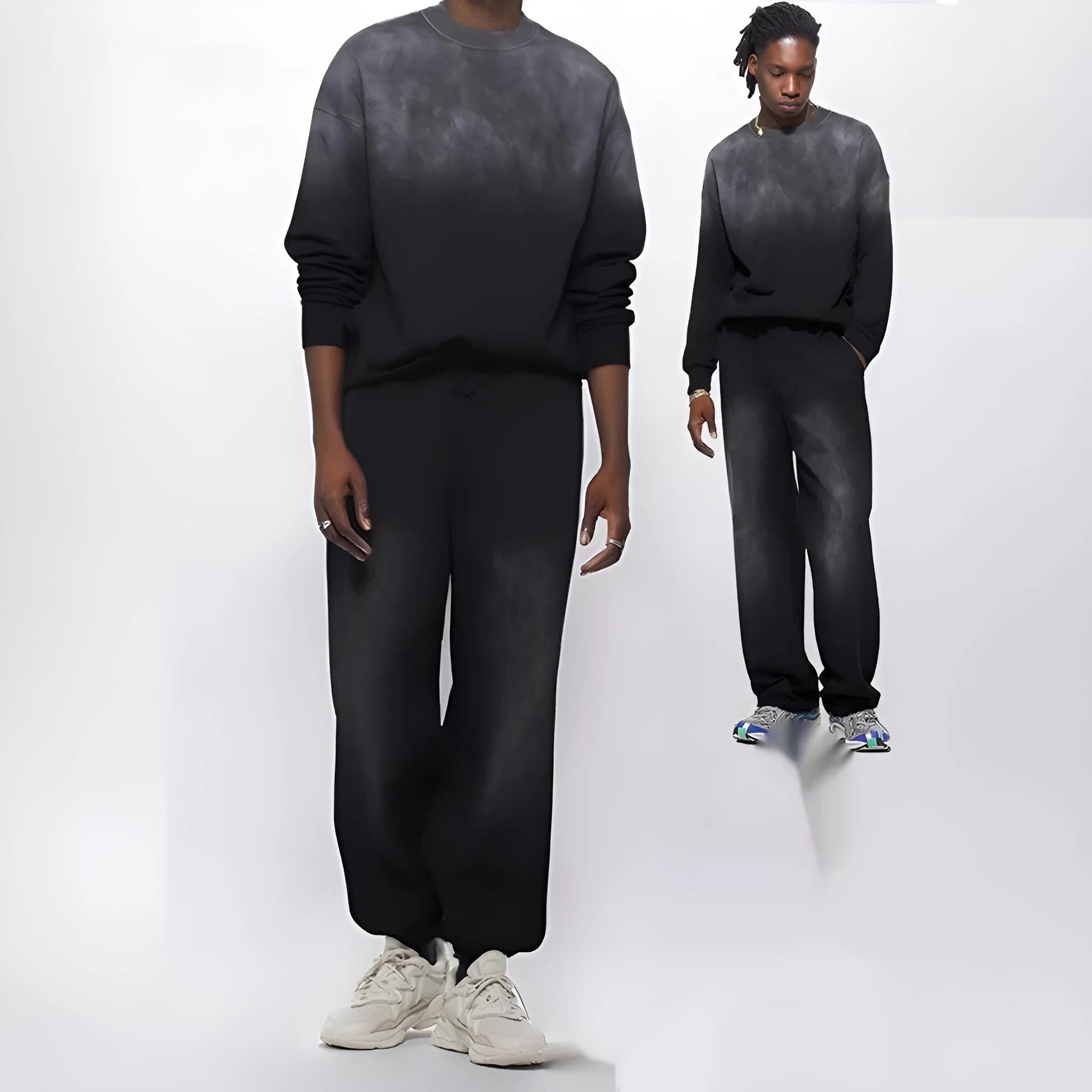 Black men's loose cotton sports sweatpants with wool lining, straight leg style
