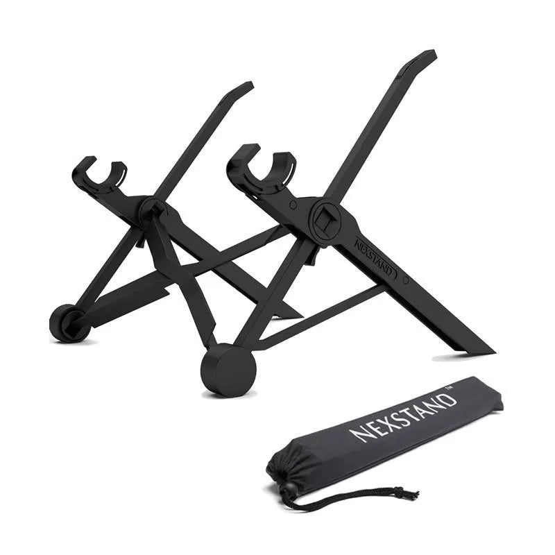 Folding portable laptop stand in sagacious black showing 40 cm width and folded position