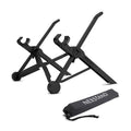 Folding portable laptop stand in sagacious black showing 40 cm width and folded position