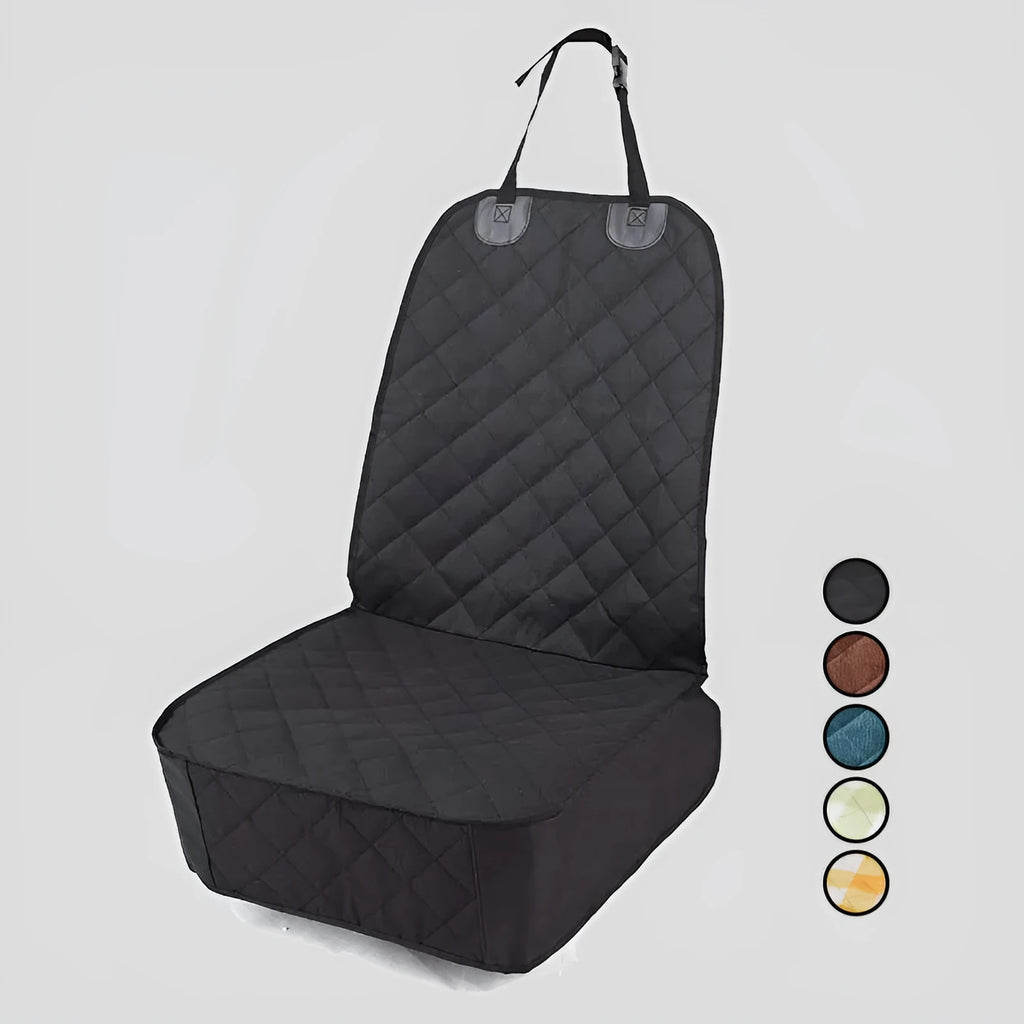 Oxford cloth pet car cushion in black on co-pilot seat of vehicle
