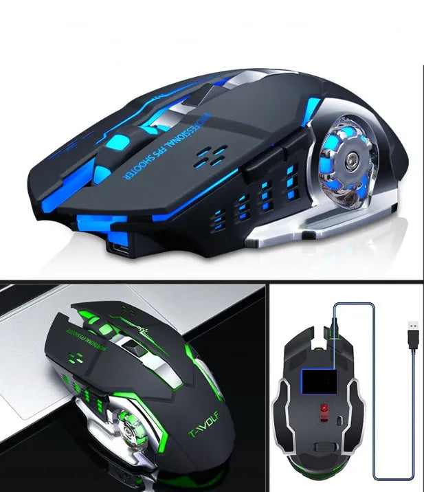 Black and white wireless mouse with USB charging cable and six buttons