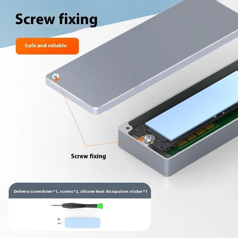 M.2 SATA SSD hard drive enclosure with Type-C cable, screwdriver, screws, and silicone heat pad