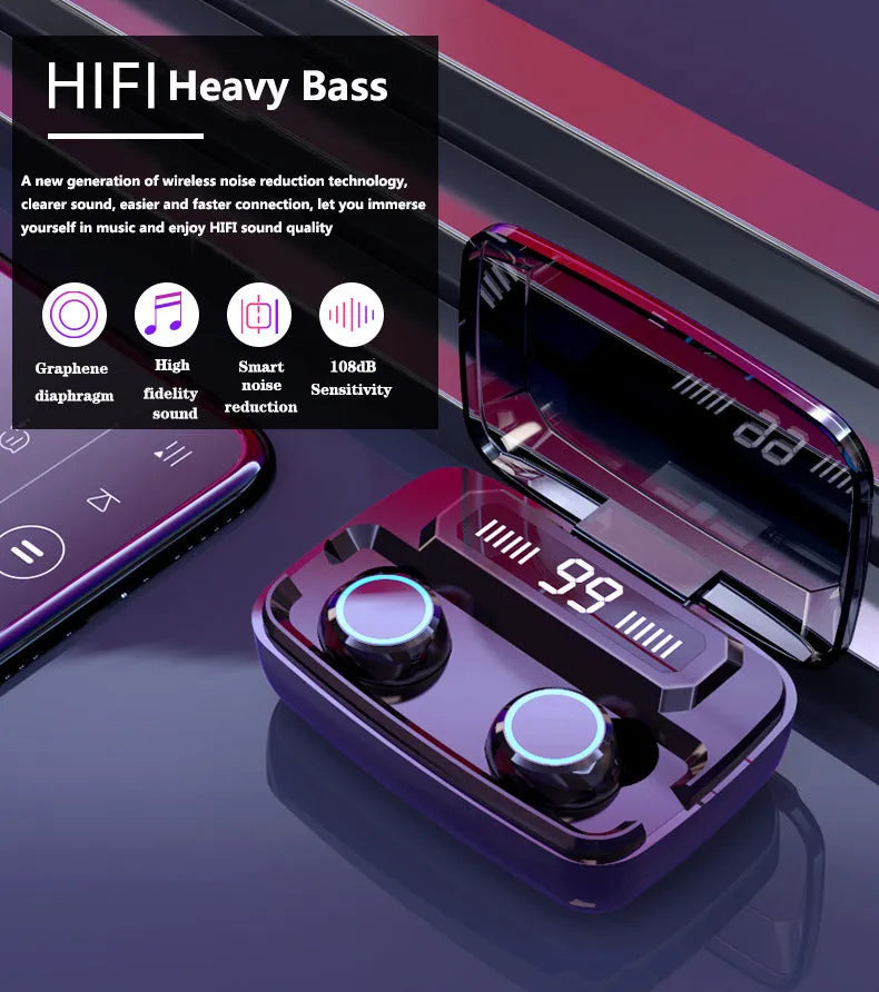 Black M11 Bluetooth wireless headset with digital display and magnetic charging case