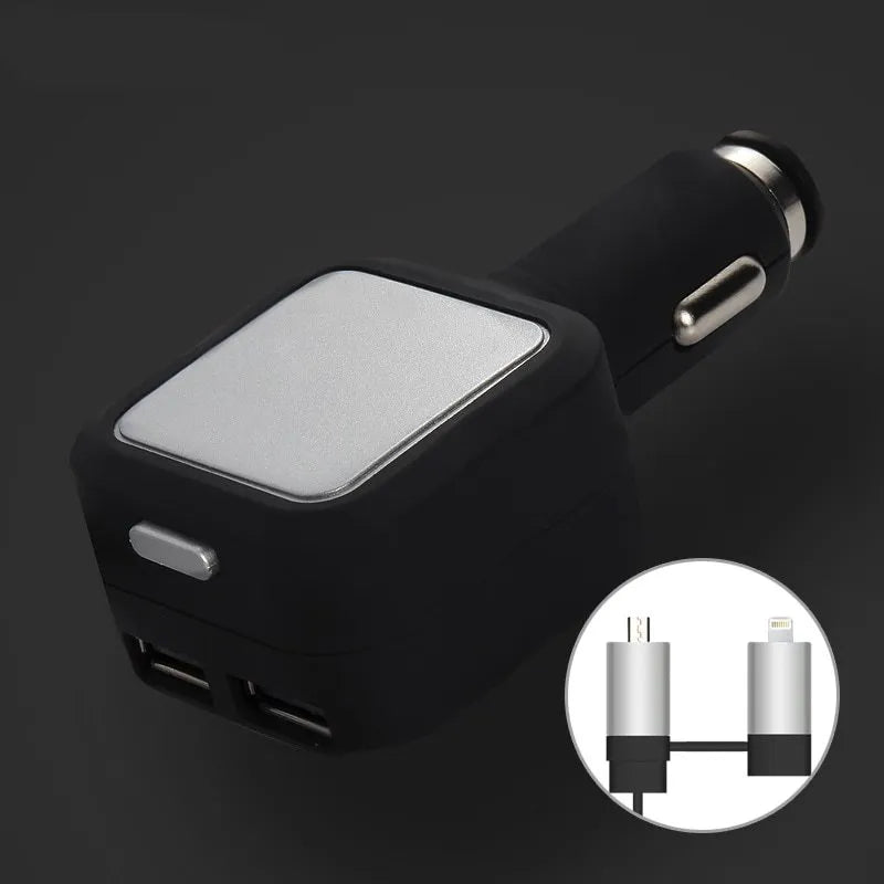 2 in 1 Dual USB car charger with retractable cable for mobile phones, Black/Silver