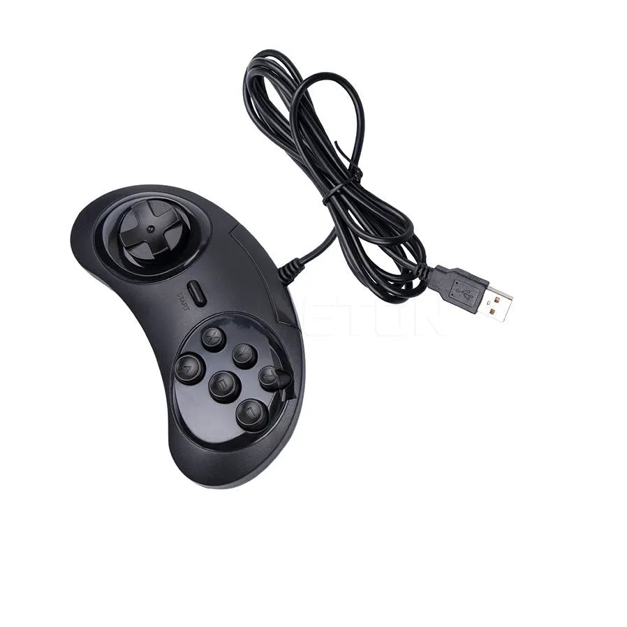 Black Sega USB PC game controller with directional pad, action buttons, and a long braided cable.