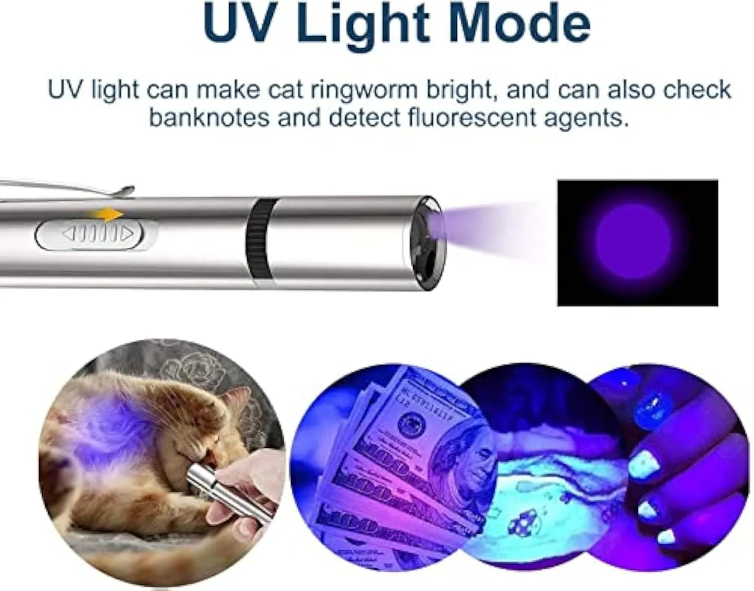Silver aluminium cat laser pointer showing mouse and butterfly light patterns on a wall.