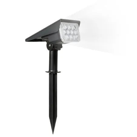 Black adjustable solar spotlight garden light with cold white 6000K LED, poly-crystalline panel, and IP65 waterproof rating