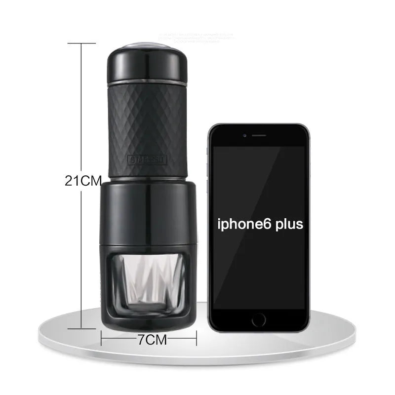Portable manual espresso coffee machine in black, stainless steel, 7x7x20.3 cm