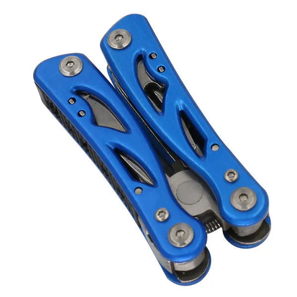 Blue multi-function pliers fruit knife folded on Oxford bag, 125mm length, stainless steel 420 and aluminium build