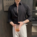 Men's dark striped V-neck long sleeve casual shirt shown in a choice of colours.