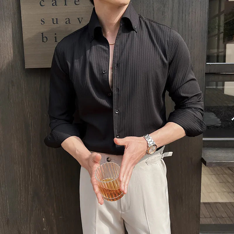 Men's dark striped V-neck long sleeve casual shirt shown in a choice of colours.