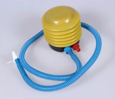 Blue and red portable plastic pedal foot pump for inflating swim rings and pool floats