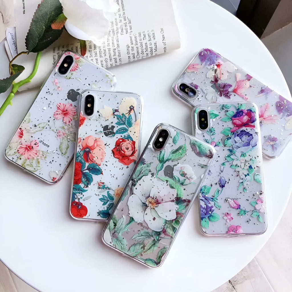 Fashion TPU phone case with gold foil epoxy finish and broken flower decoration for iPhone