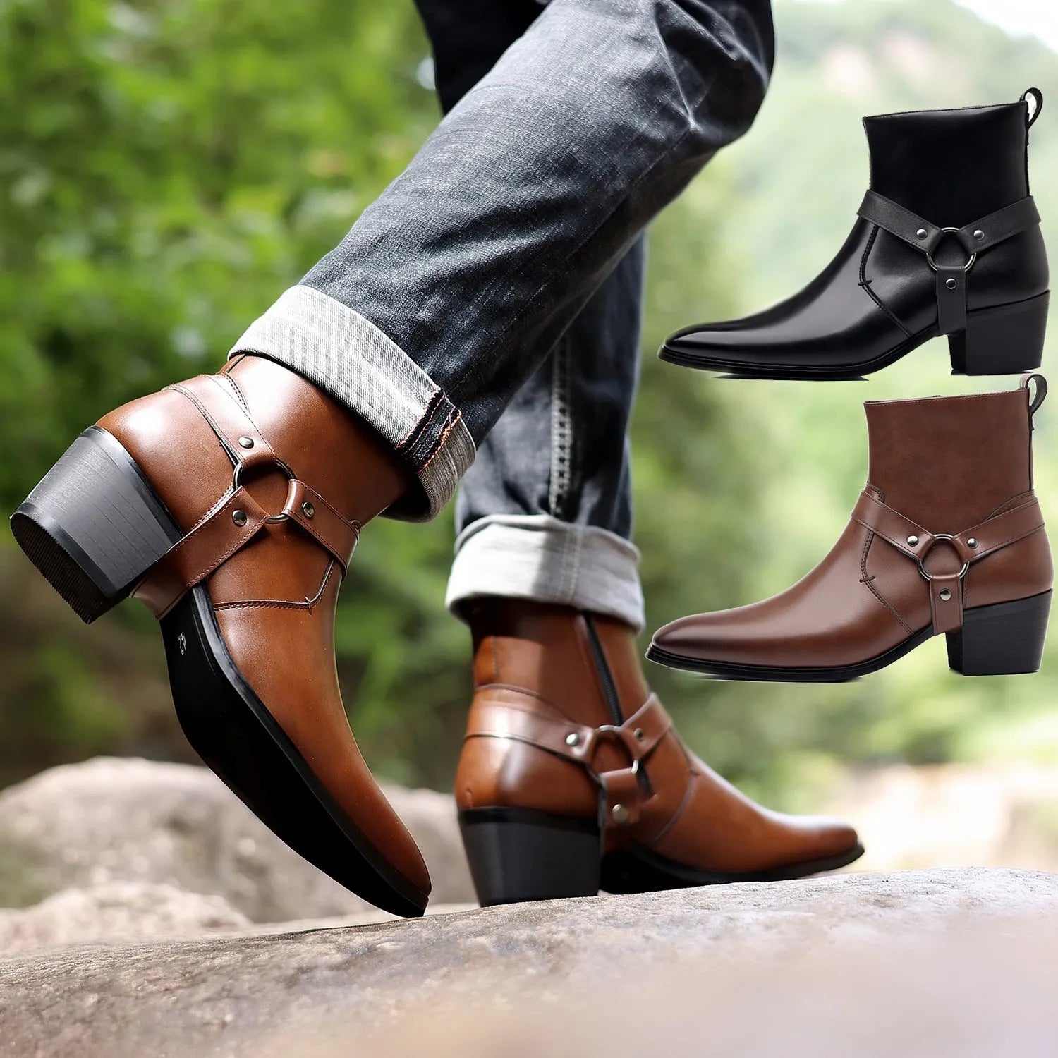 Wild Trend chain boot for men and women, rivet detailing, square toe, high heel 6-8cm, black colour