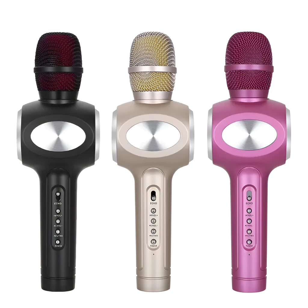 Yaerjia E108 mobile microphone with capacitive pickup and echo reverberation available in black gold and pink colours
