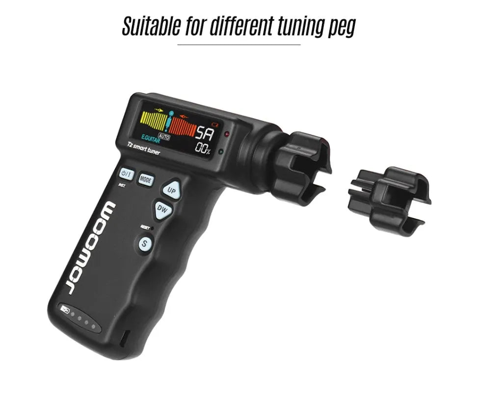 Multi-functional smart guitar tuner with string winder 2-in-1 tool, black and white, with colour LCD display showing tuning status