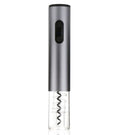 Silver automatic electric wine opener with foil cutter on a kitchen counter next to a red wine bottle