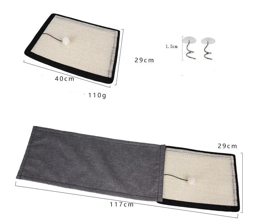 Beige cat scratch board sisal pad on sofa armrest for furniture protection, handrail style