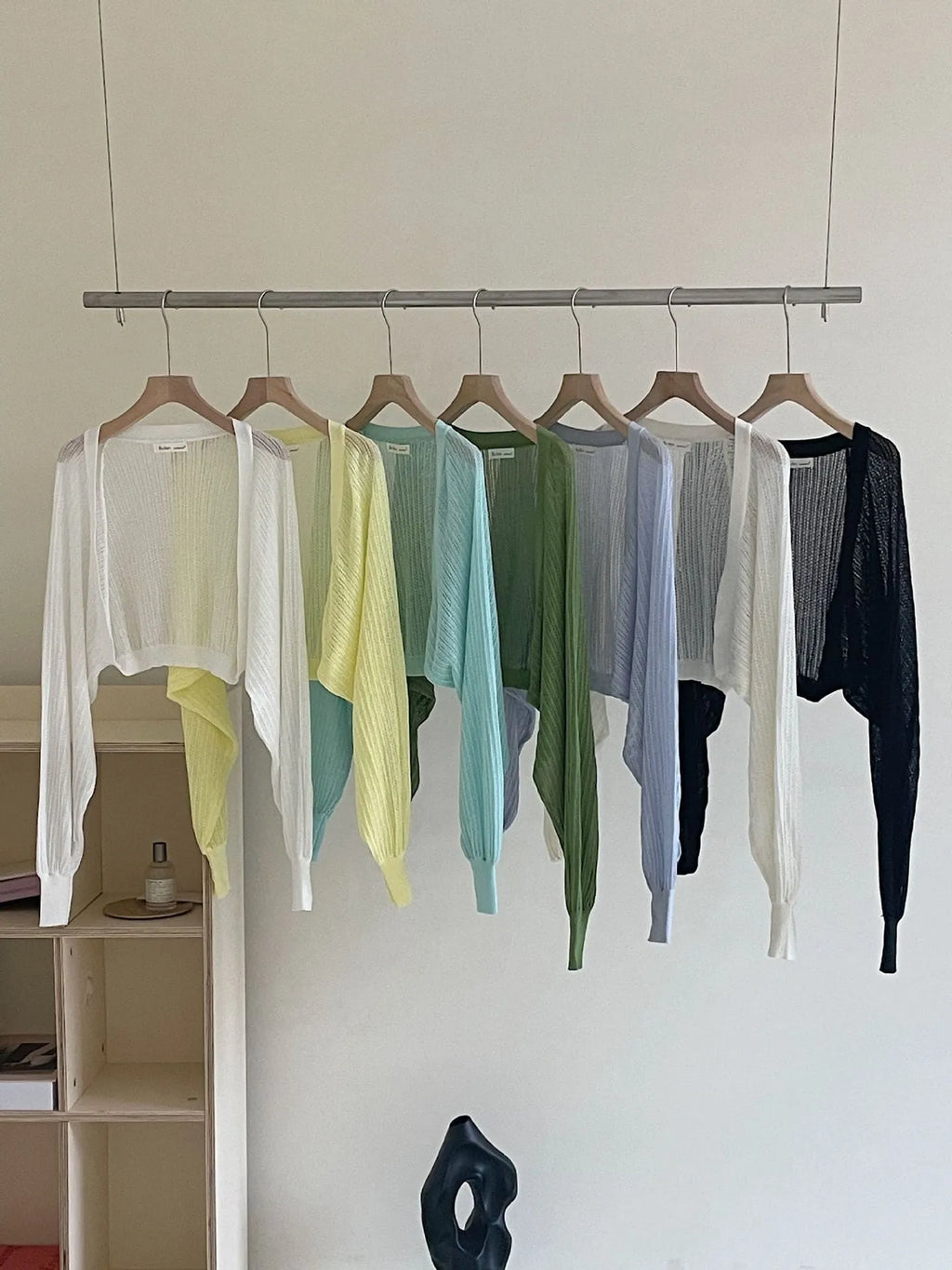 Hollow thin loose lantern sleeve sun protective blouse in apricot, front view for commute