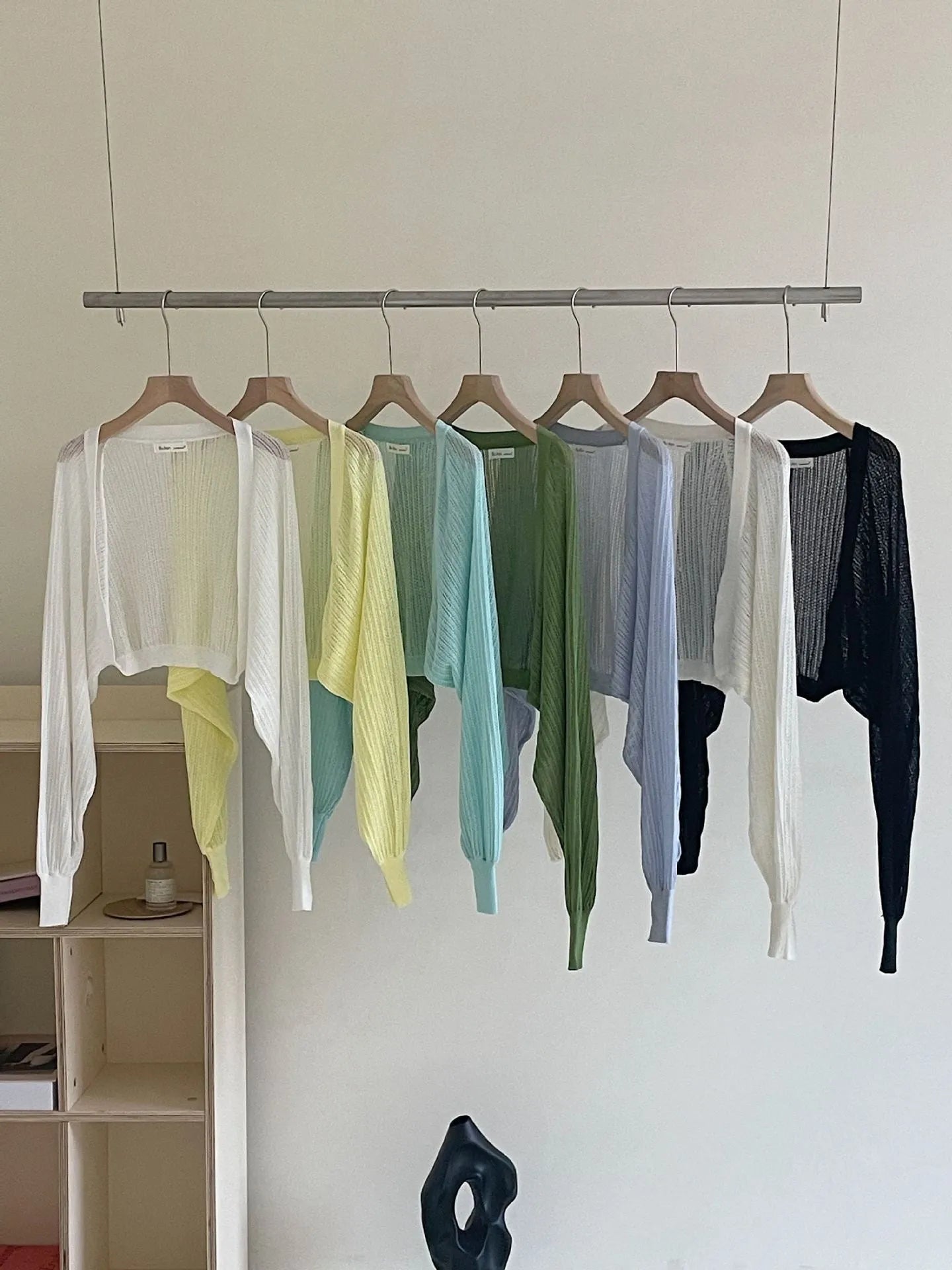 Hollow thin loose lantern sleeve sun protective blouse in apricot, front view for commute