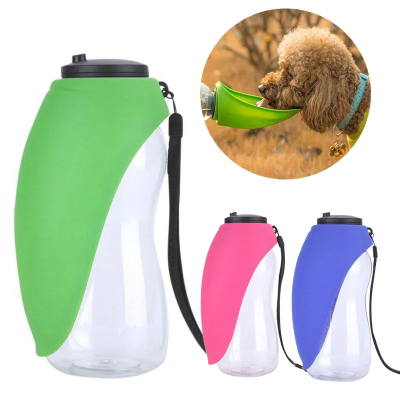 Portable pet water bottle with 680ml capacity, wide bowl, and key-type lock in blue, rose red, fruit green, orange