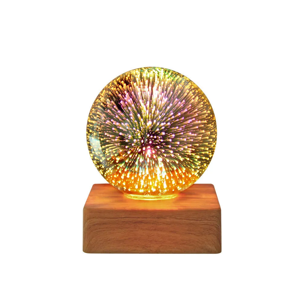 USB 3D firework crystal ball night light with touch control on a wooden table, warm LED glow effect