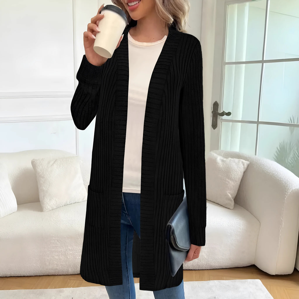 Loose fit knitted cardigan jacket in black colour with long sleeves and open front design