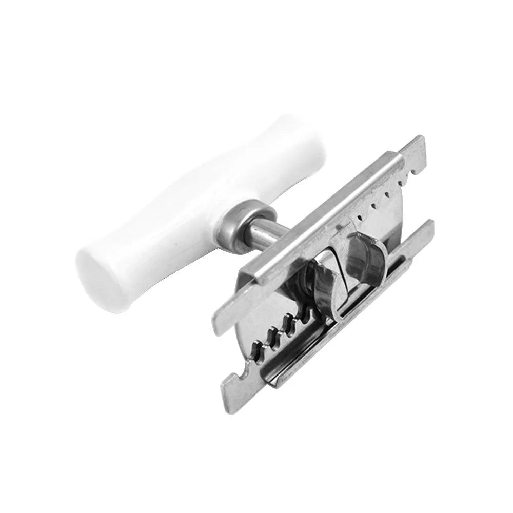 White stainless steel adjustable bottle opener with gear mechanism and PP anti-skid handle on a surface