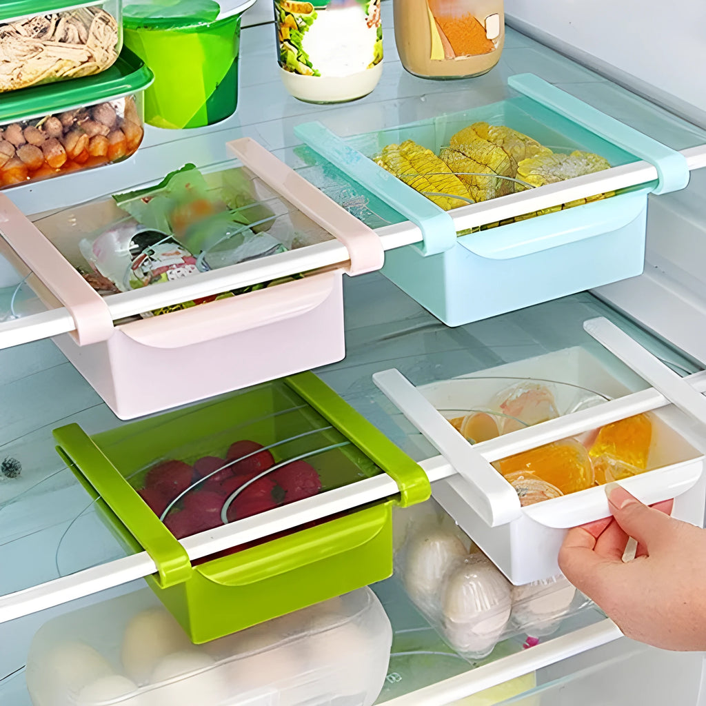 Plastic refrigerator clapboard storage rack with drawer design in beige, 16.5x15.5x7cm, PP material