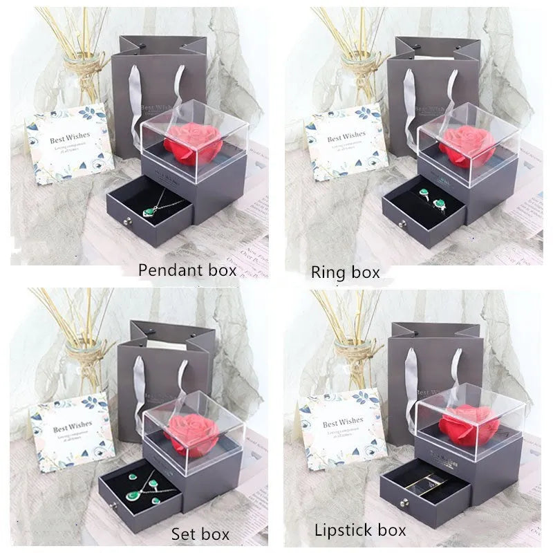 Eternal flower gift box for jewellery storage in pink with flannel lining and acrylic window